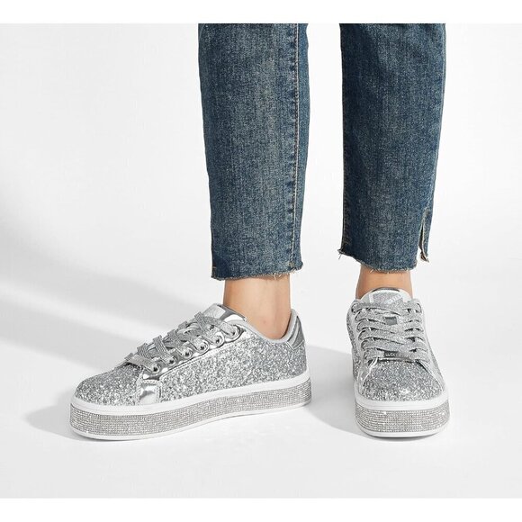 Women's Silver  Platform Glitter Sneakers | Sparkly Bling Shiny Dressy - Picture 6 of 9